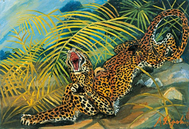 Antonio Ligabue Leopardo e vedova nera olio su faesite cm 655x95
