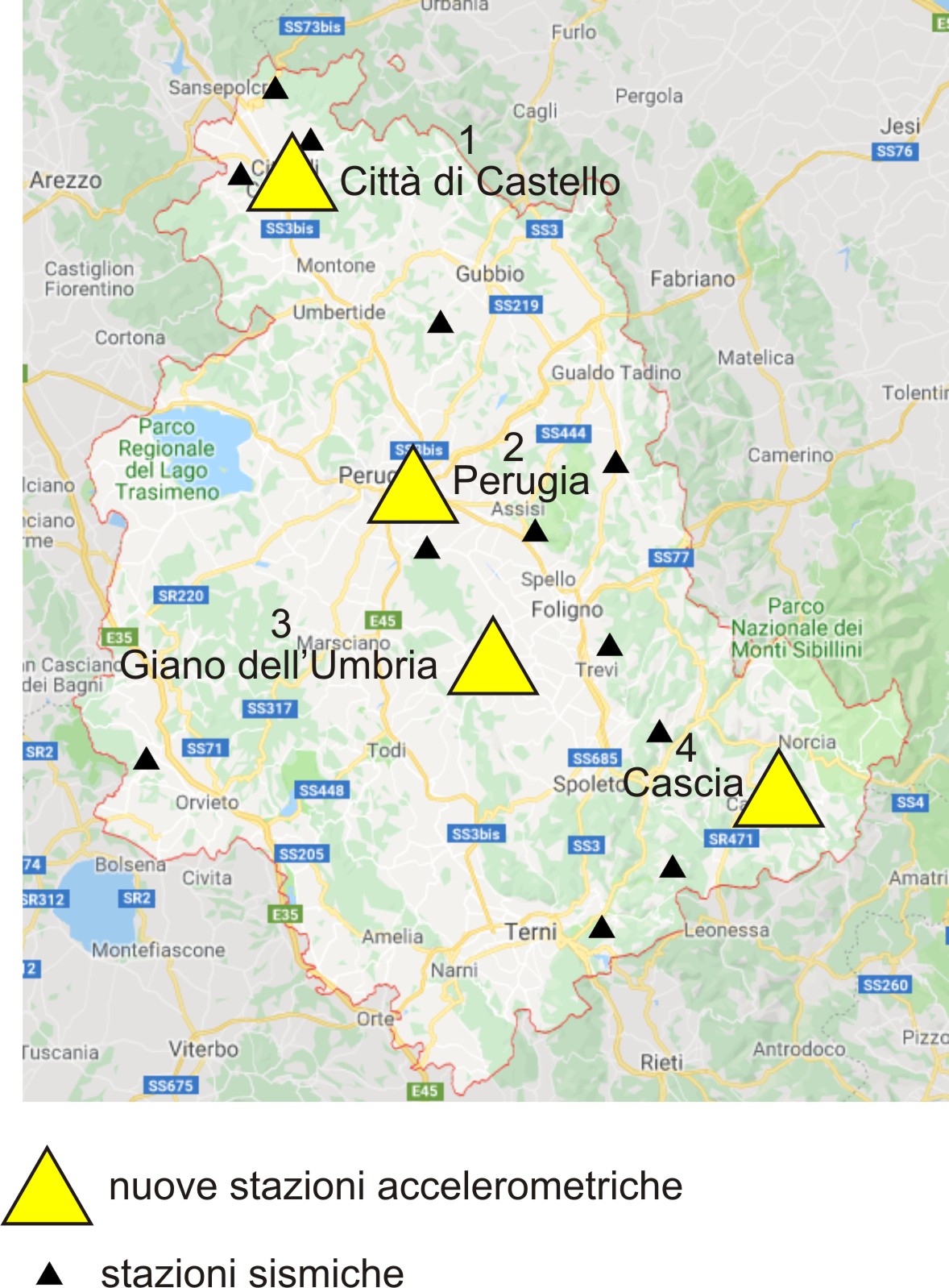 localizzazione stazioni accelerometriche e sismiche rete regionale