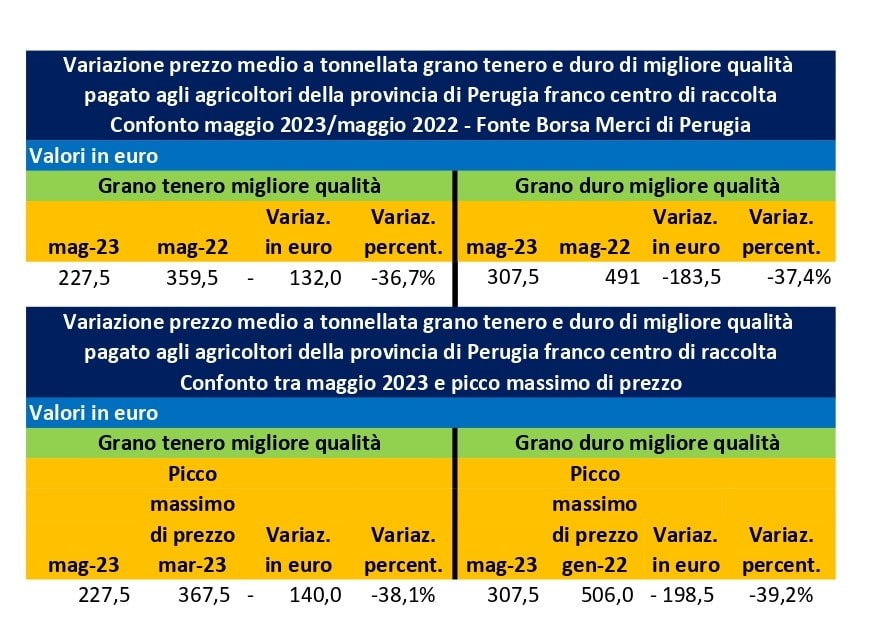 Tab. 1 Variazione prezzo medio grano maggio 2023 su maggio 2022 e maggio 2023 su picco massimo di prezzo