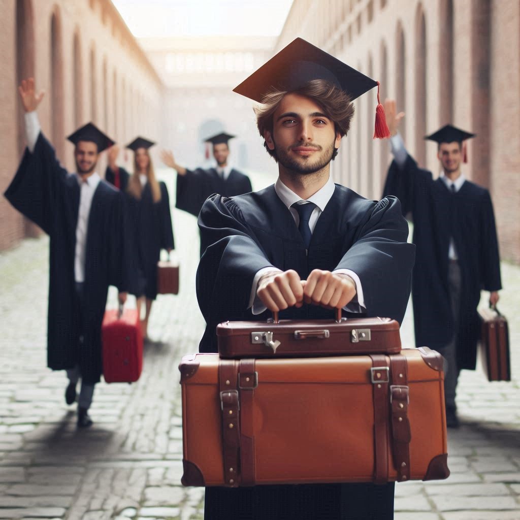 giovani laureati con valigie in mano pronti a partire per nuovi orizzonti